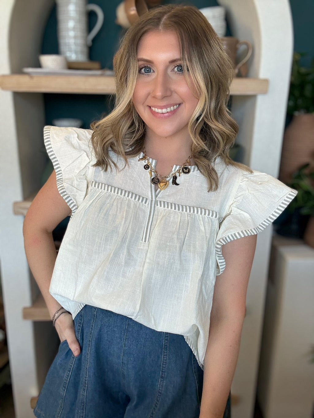 Ivory flutter sleeve boutique blouse with stripe trim for women