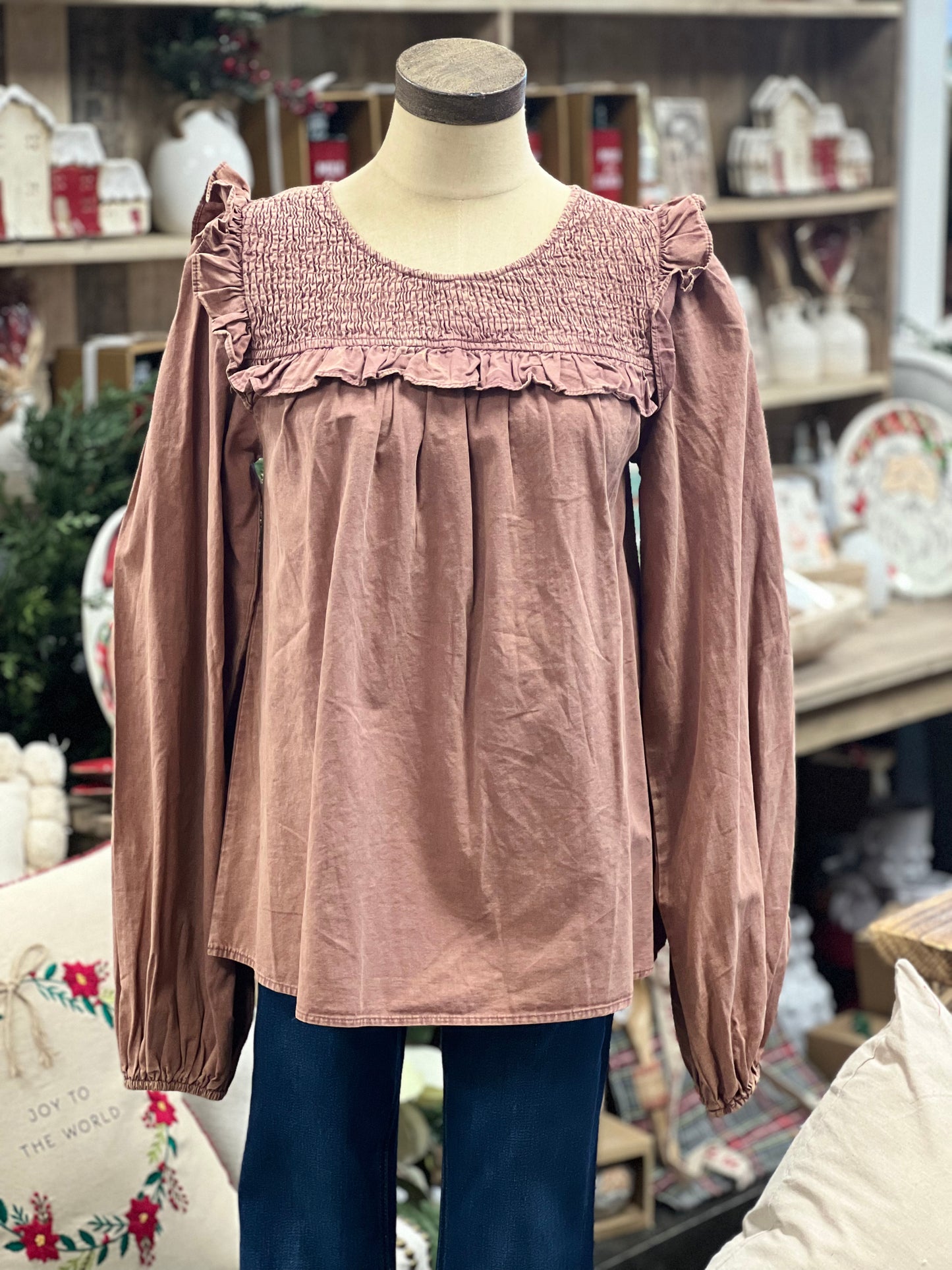 Smocked Mineral Washed Blouse - Terracotta