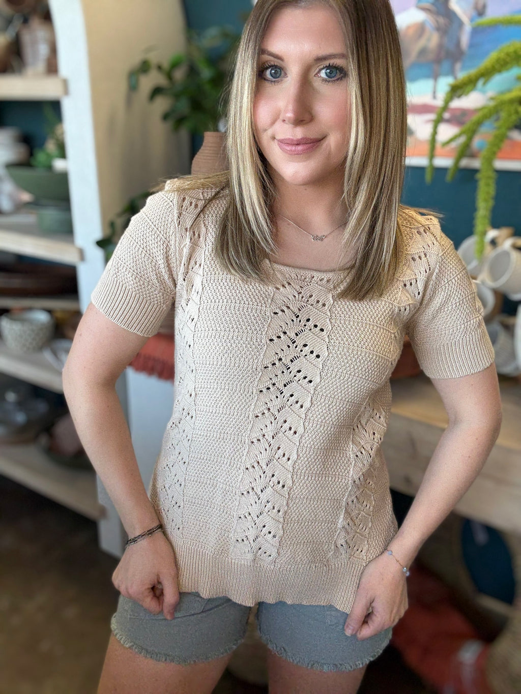 Soft Sand Pointelle Knit Top