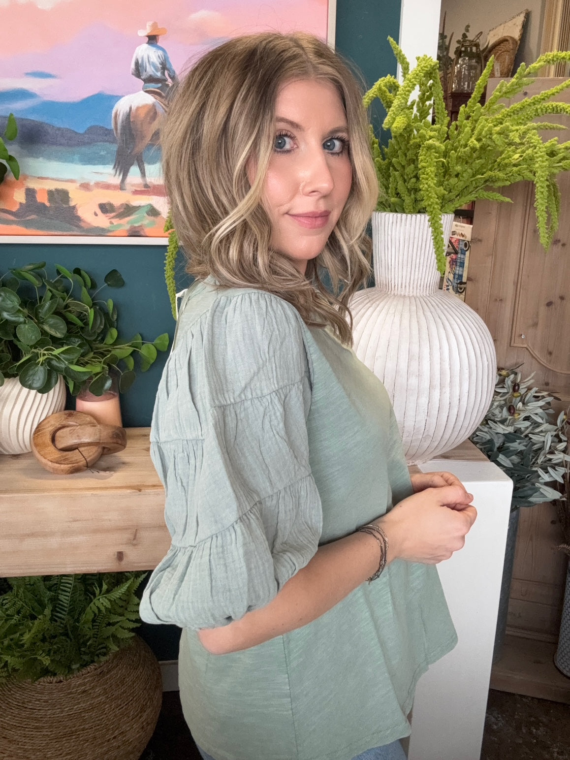 sage puff sleeve women's boutique top at Pill Box Boutique