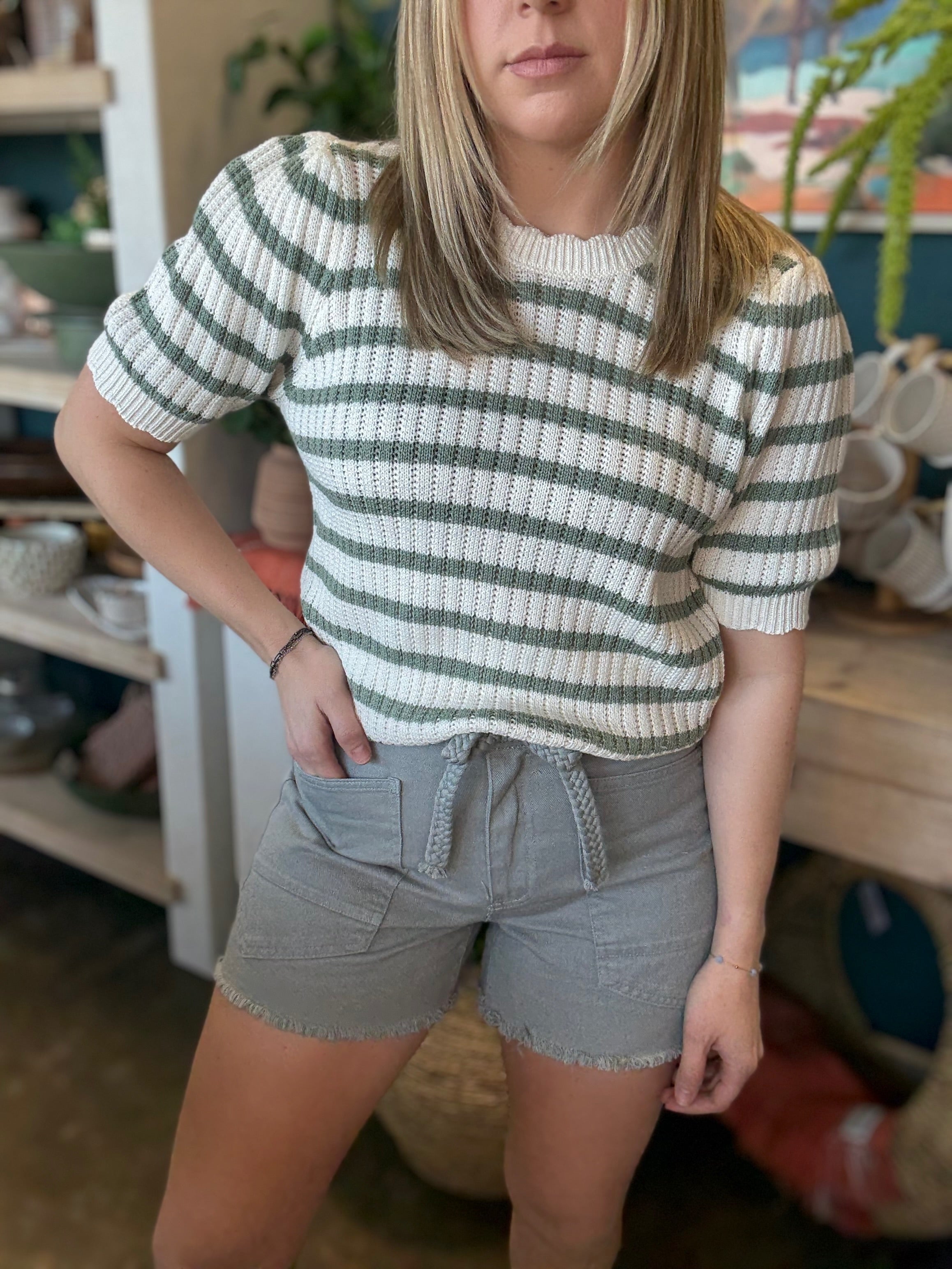 Sage Green Stripe Knit Puff Sleeve Top