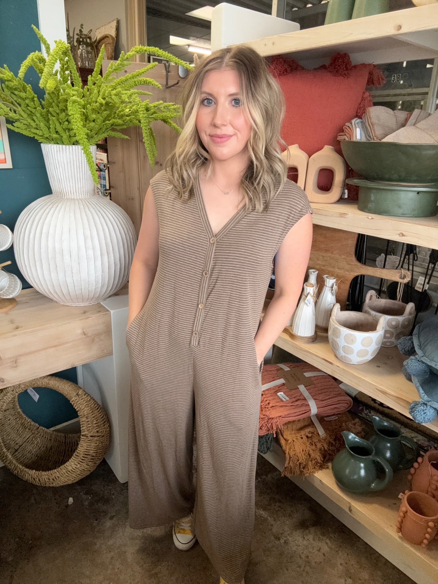 mocha striped button front women's boutique jumpsuit at Pill Box Boutique