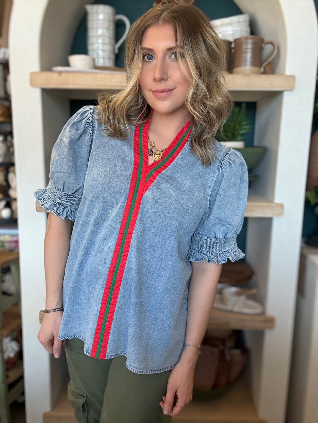 Vintage denim puff sleeve blouse with red and green stripe detail for women