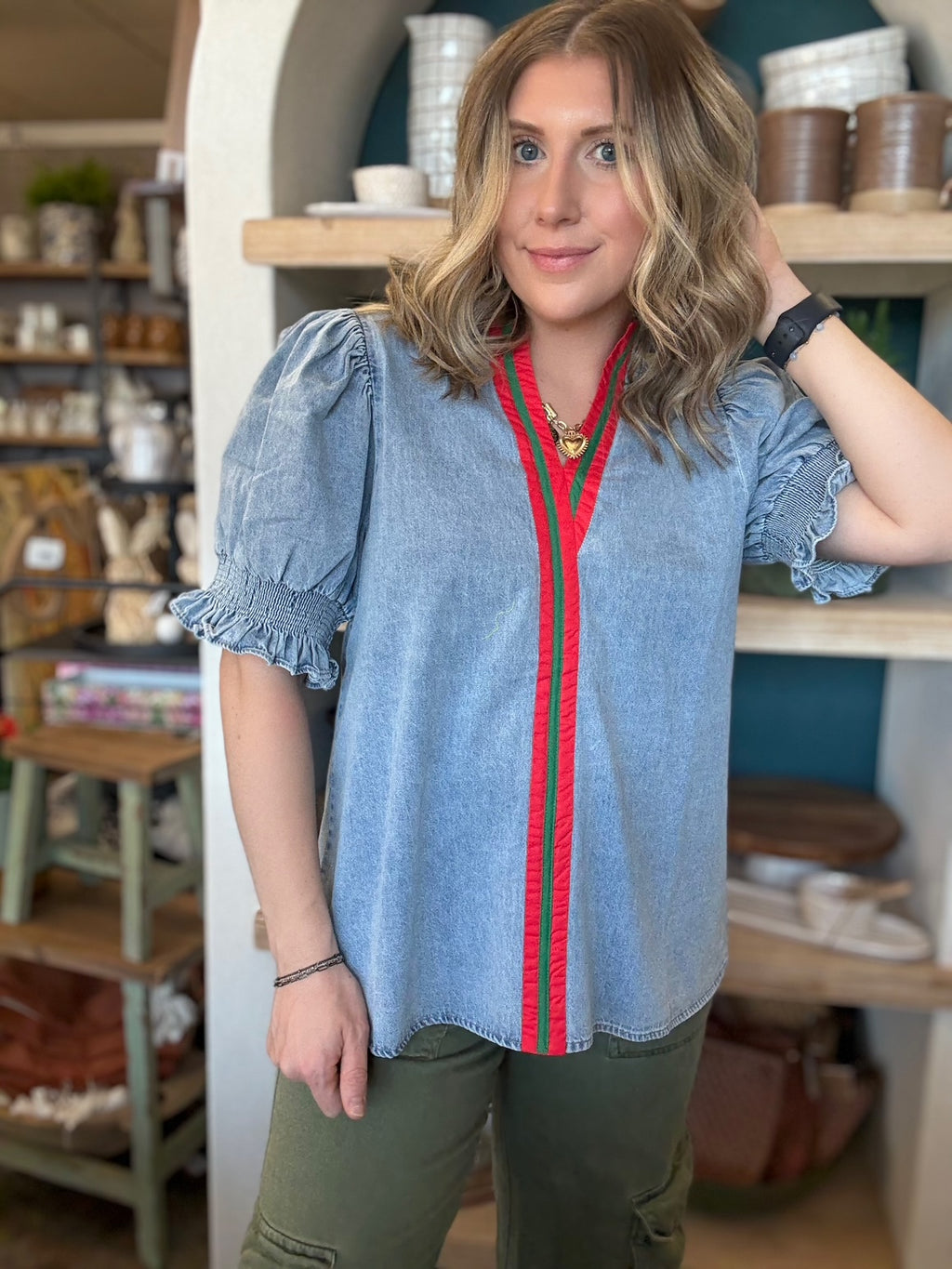 Vintage denim puff sleeve blouse with red and green stripe detail for women