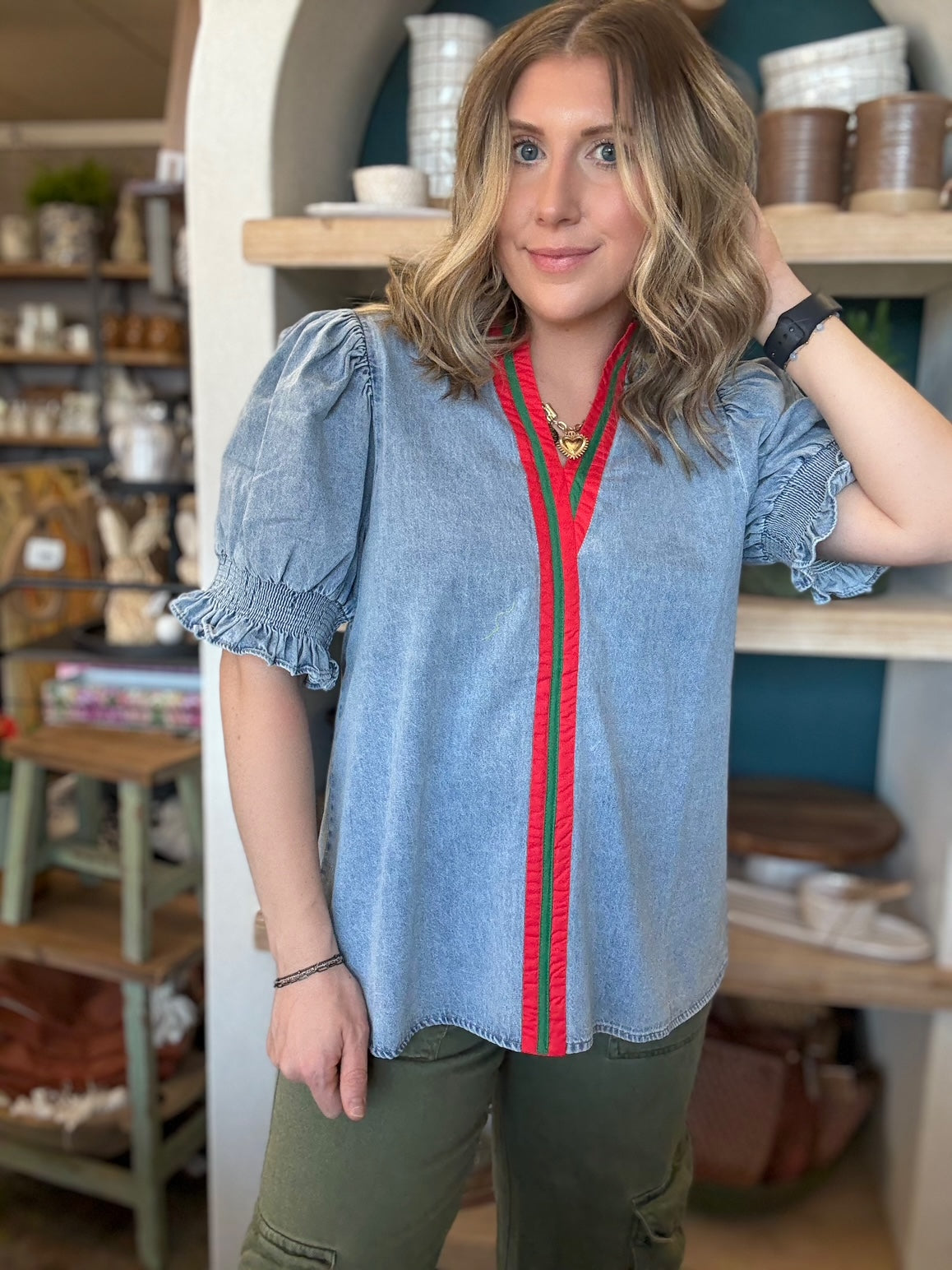 Vintage denim puff sleeve blouse with red and green stripe detail for women