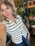 Cream and black striped button front sweater vest boutique top for women