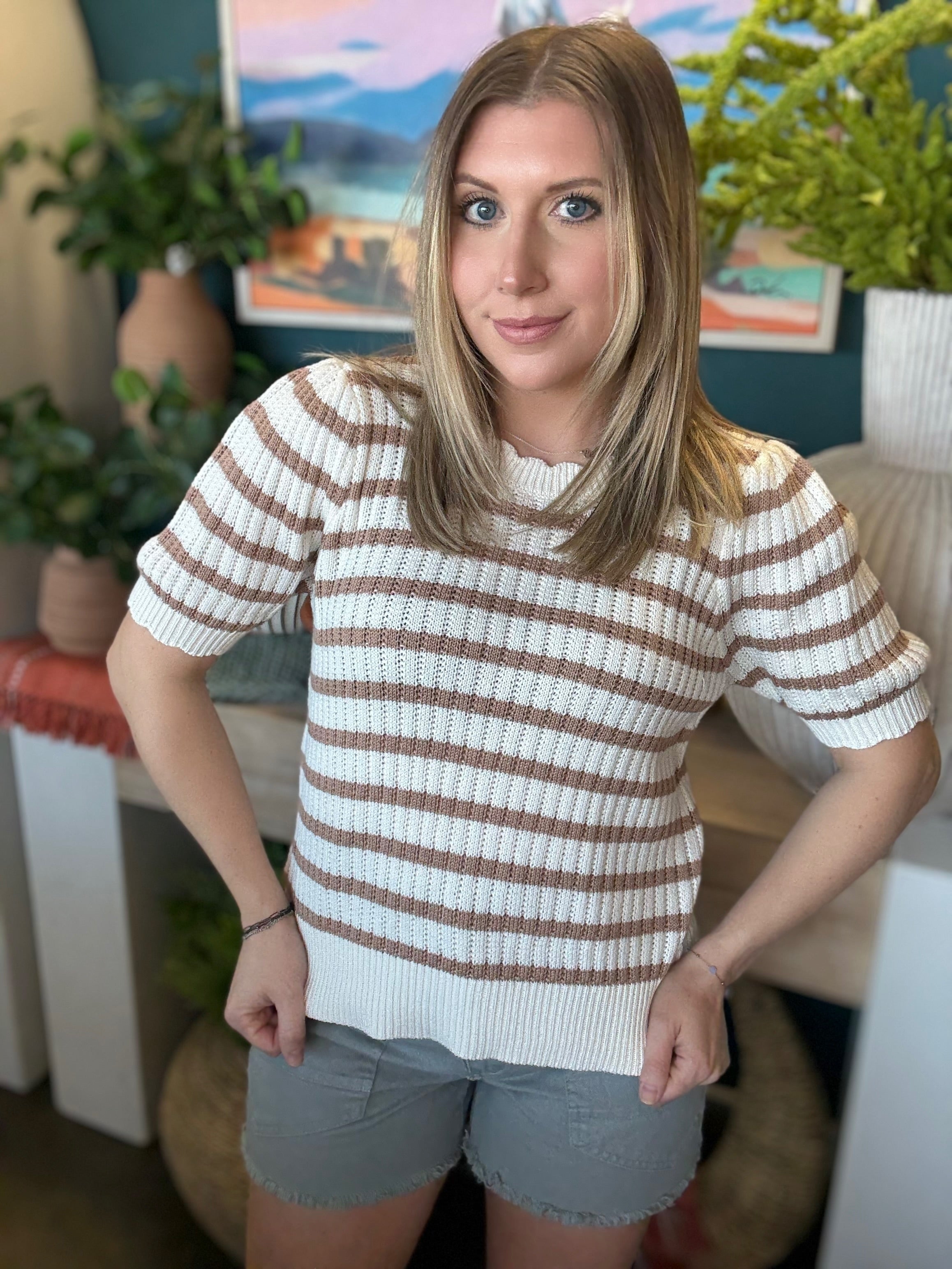 Soft Mocha Stripe Knit Puff Sleeve Top