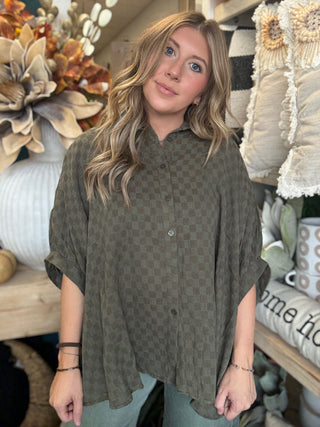 Olive checkerboard gauze oversized blouse with button front and rolled sleeves