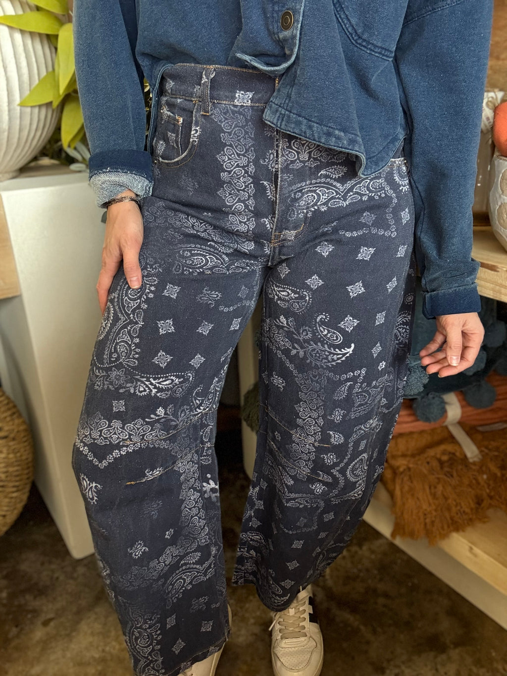 Midnight Paisley Printed Barrel Jeans