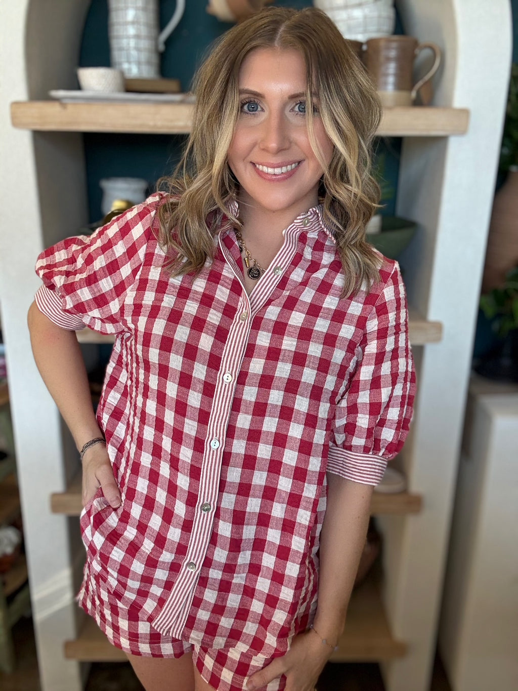 red gingham puff sleeve button down boutique top for women
