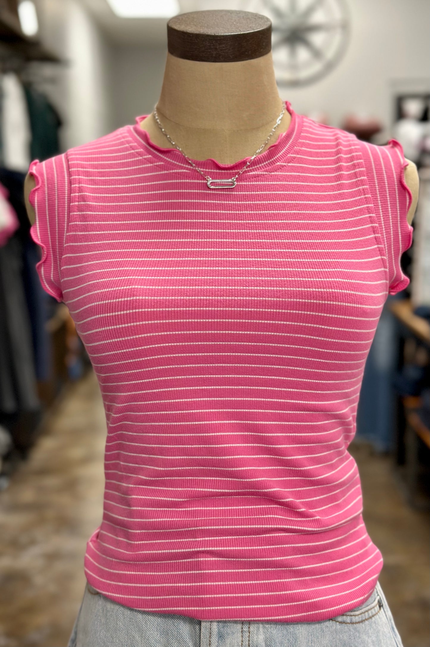 Pink Striped Ruffle Top