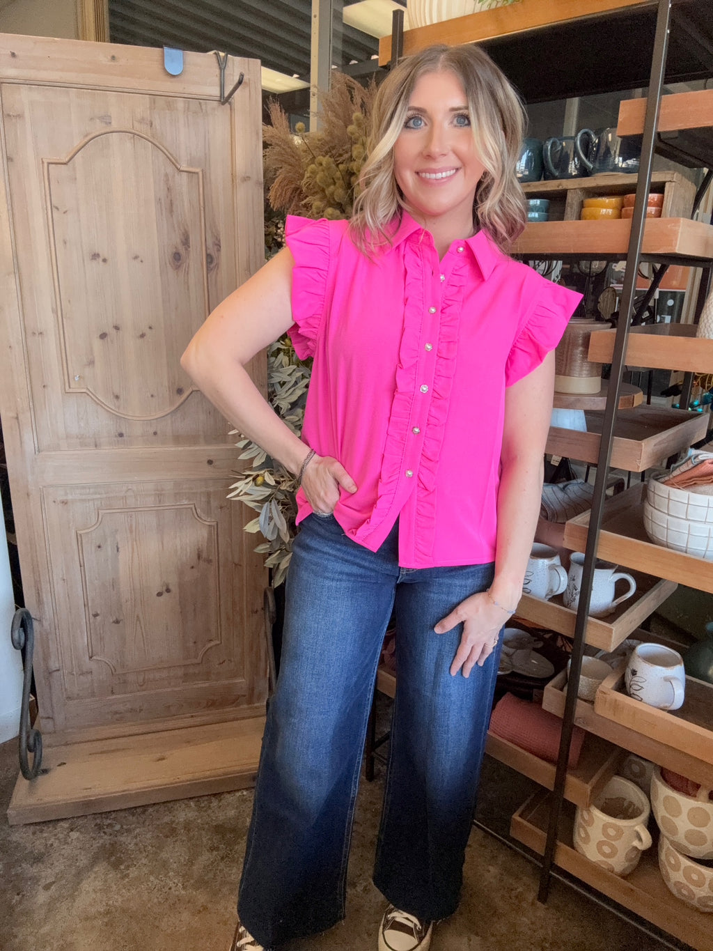 Hot pink ruffle sleeve boutique blouse with button front for women