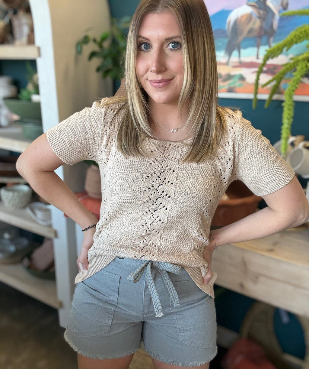 Soft Sand Pointelle Knit Top