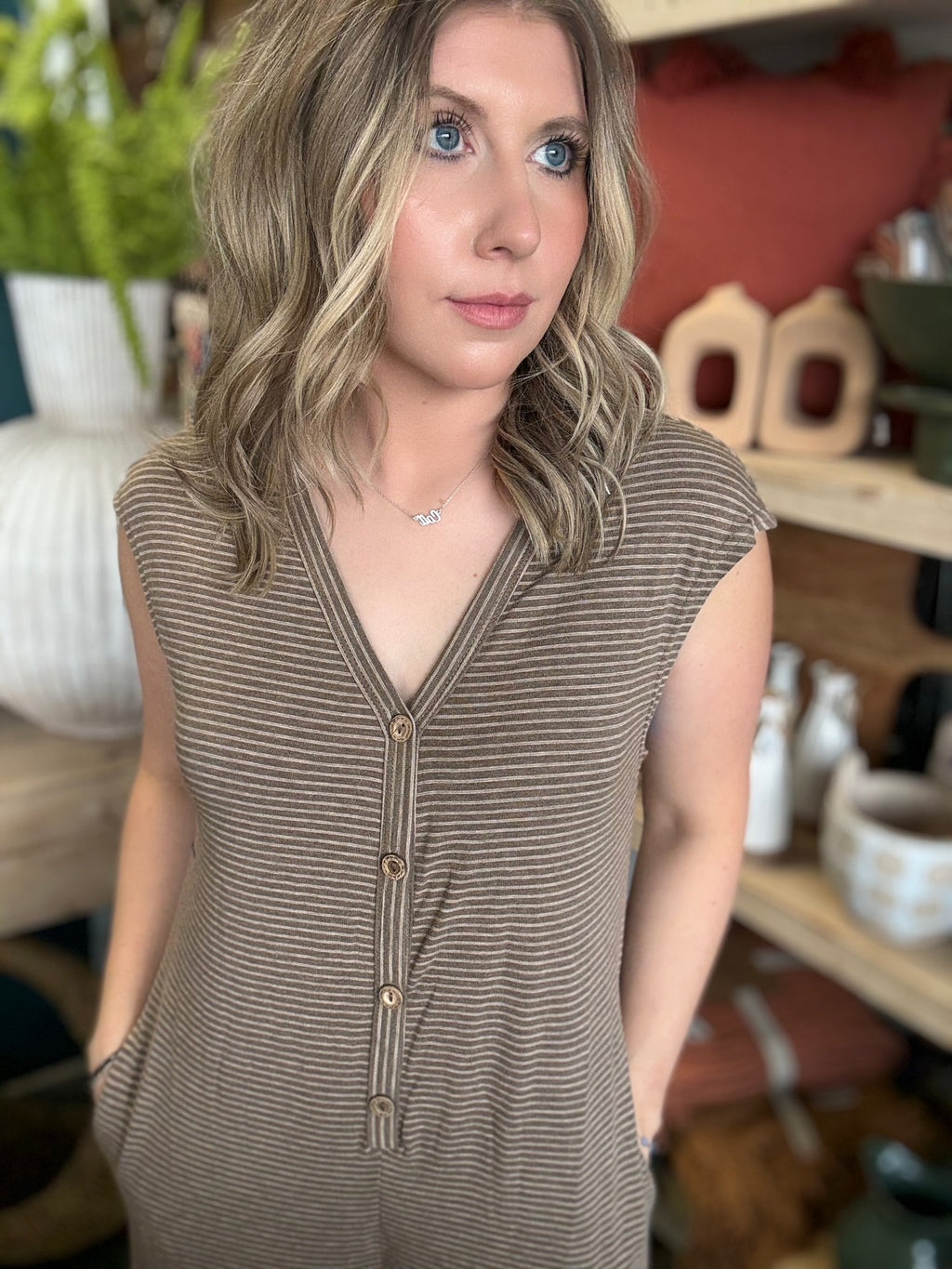 mocha striped button front women's boutique jumpsuit at Pill Box Boutique