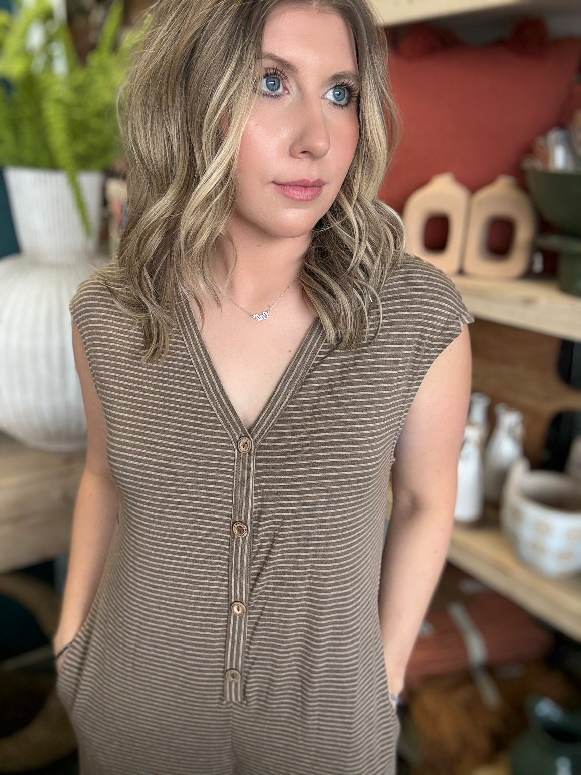 mocha striped button front women's boutique jumpsuit at Pill Box Boutique