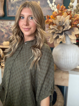 Olive checkerboard gauze oversized blouse with button front and rolled sleeves
