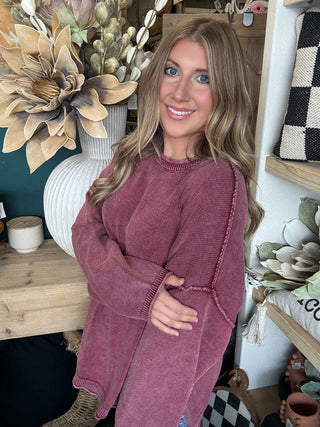 VINTAGE WASHED BERRY PULLOVER WITH EXPOSED SEAMS