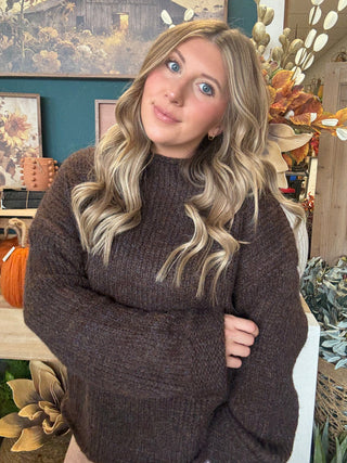 Chocolate brown textured knit cropped sweater with long sleeves