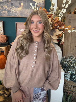 Taupe henley sweater top with button neckline and balloon sleeves
