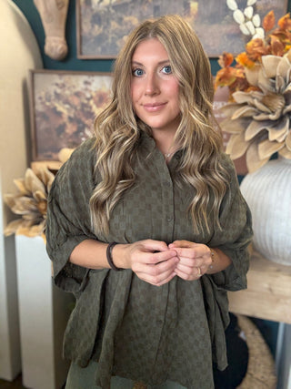Olive checkerboard gauze oversized blouse with button front and rolled sleeves