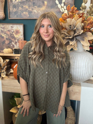Olive checkerboard gauze oversized blouse with button front and rolled sleeves