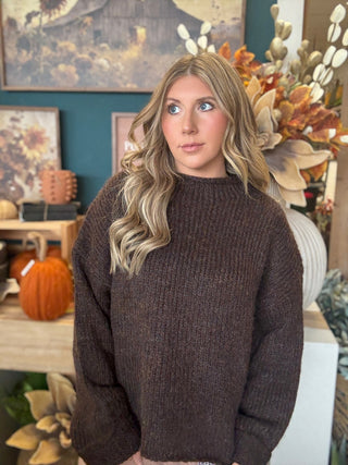 Chocolate brown textured knit cropped sweater with long sleeves