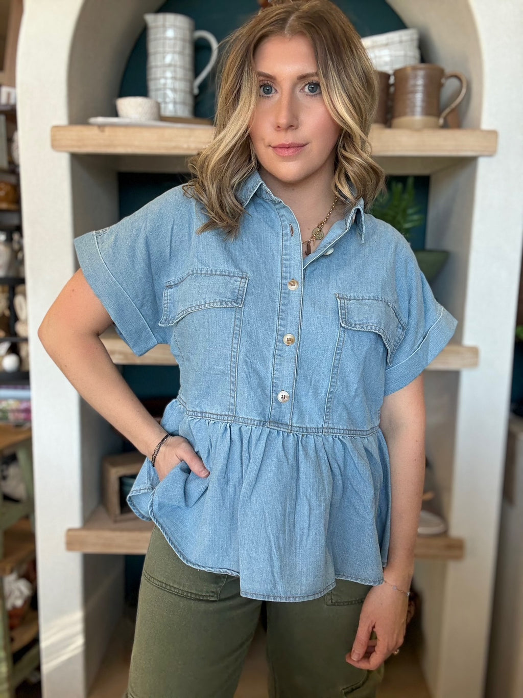 Chambray button front peplum boutique blouse for women