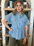 Chambray button front peplum boutique blouse for women