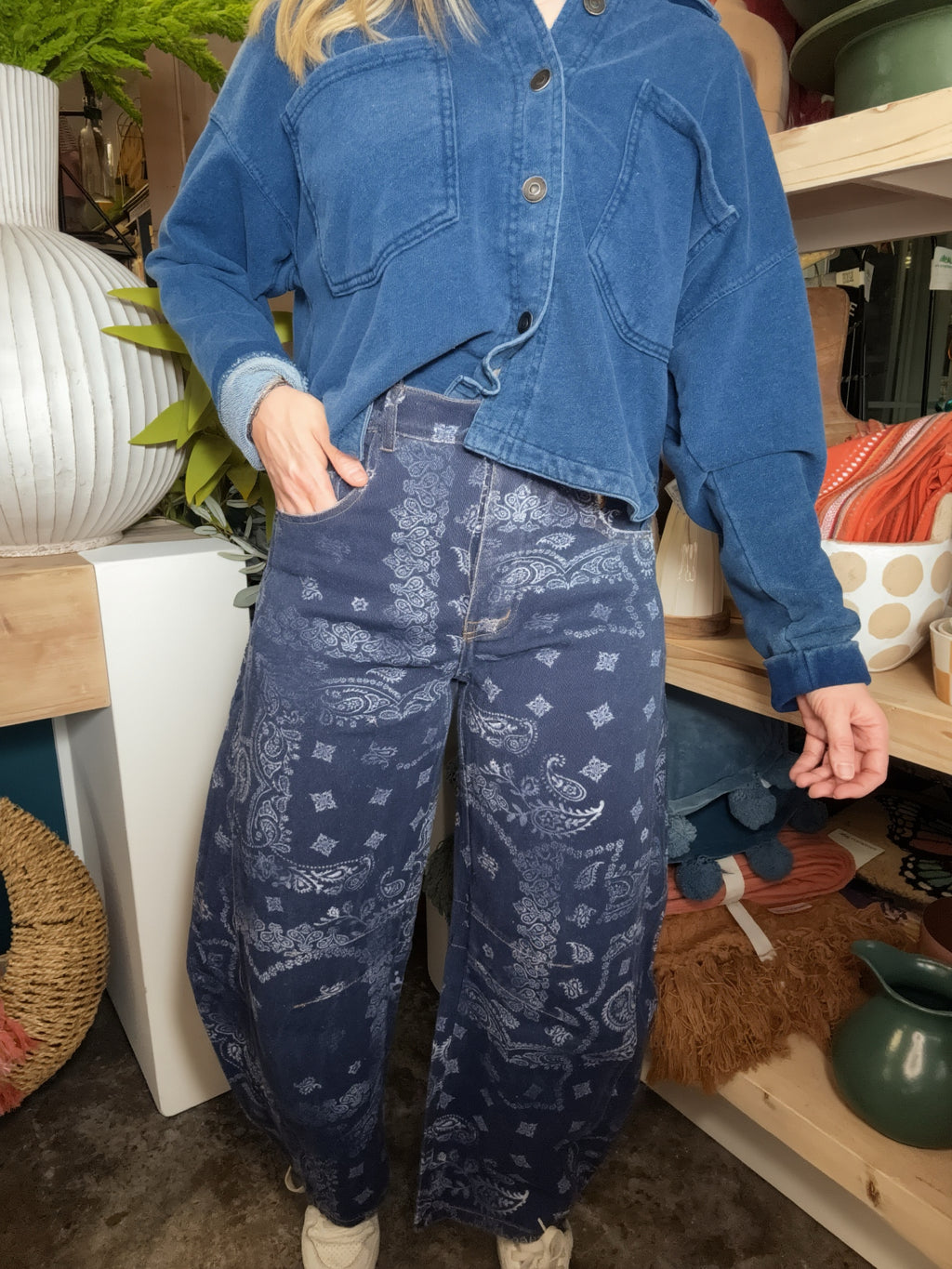 Midnight Paisley Printed Barrel Jeans