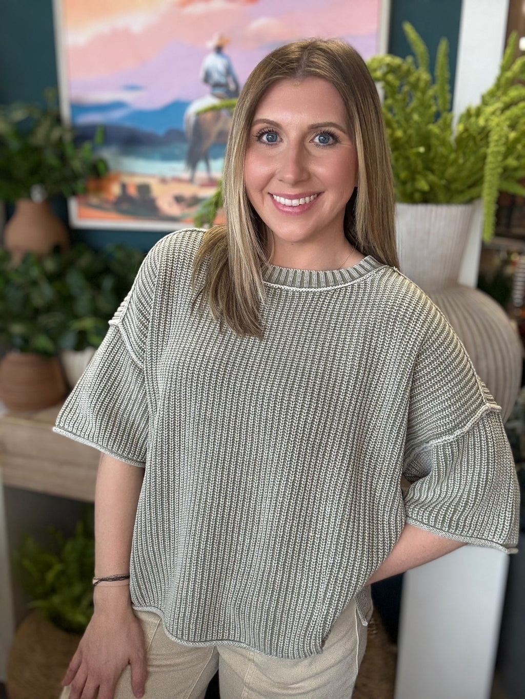 Sage ribbed knit short sleeve boutique top styled with neutral pants at Pill Box Boutique