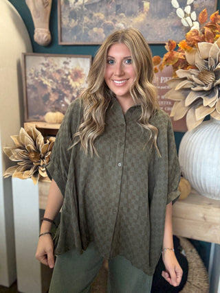 Olive checkerboard gauze oversized blouse with button front and rolled sleeves