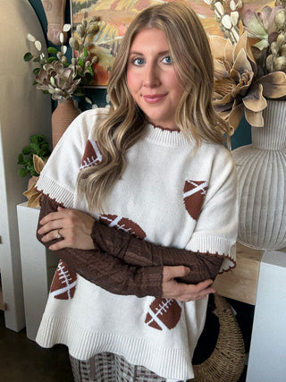 IVORY TAILGATE SWEATER WITH BROWN FOOTBALL PRINT