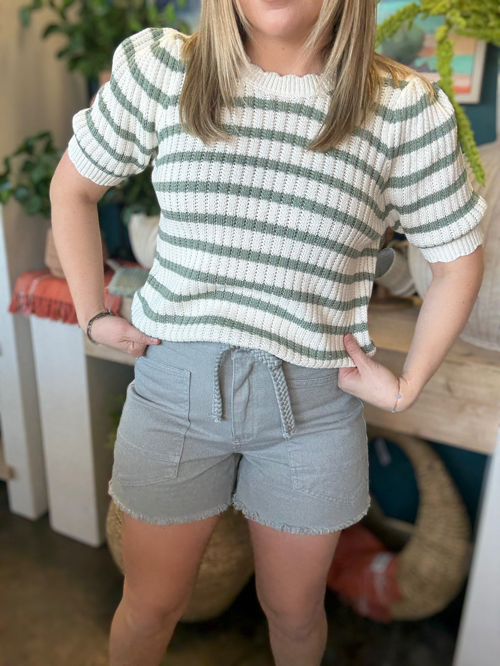 Sage Green Stripe Knit Puff Sleeve Top