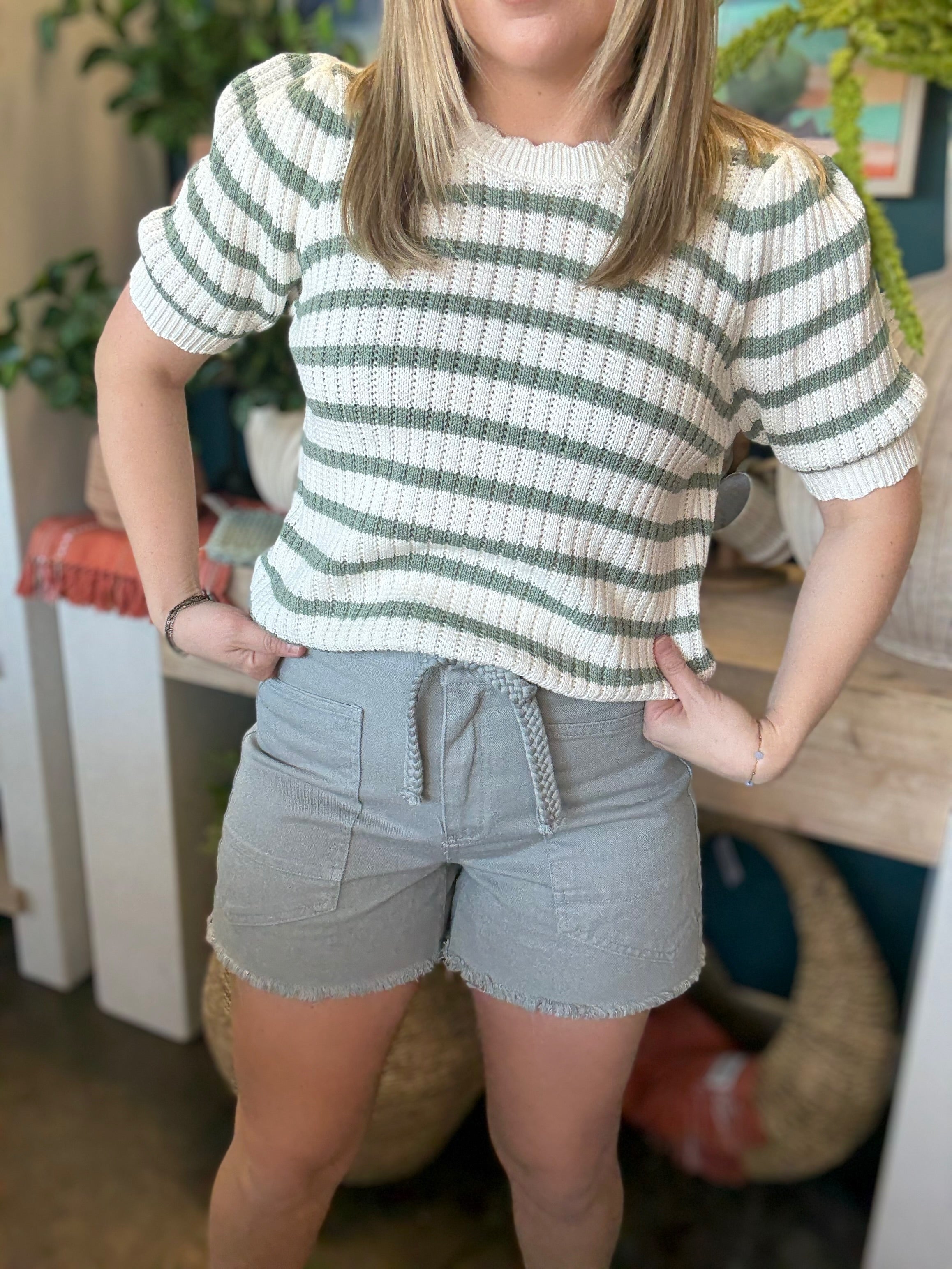 Sage Green Stripe Knit Puff Sleeve Top