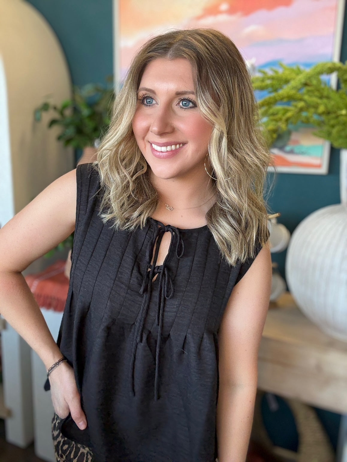 Black tie front sleeveless boutique top for women stylish casual clothing at Pill Box Boutique Willard Missouri

Tags: