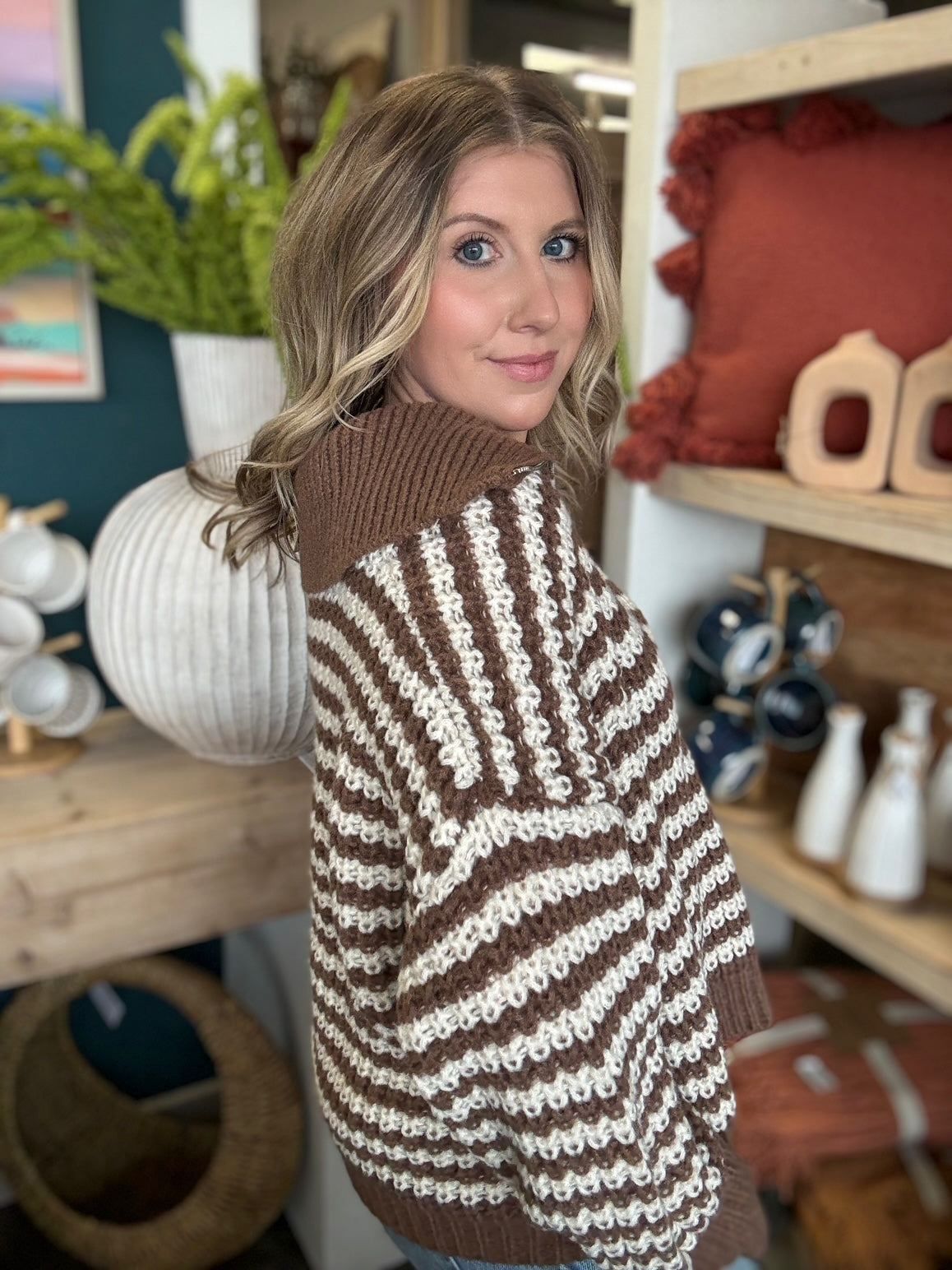 mocha and cream striped half zip knit boutique sweater for women