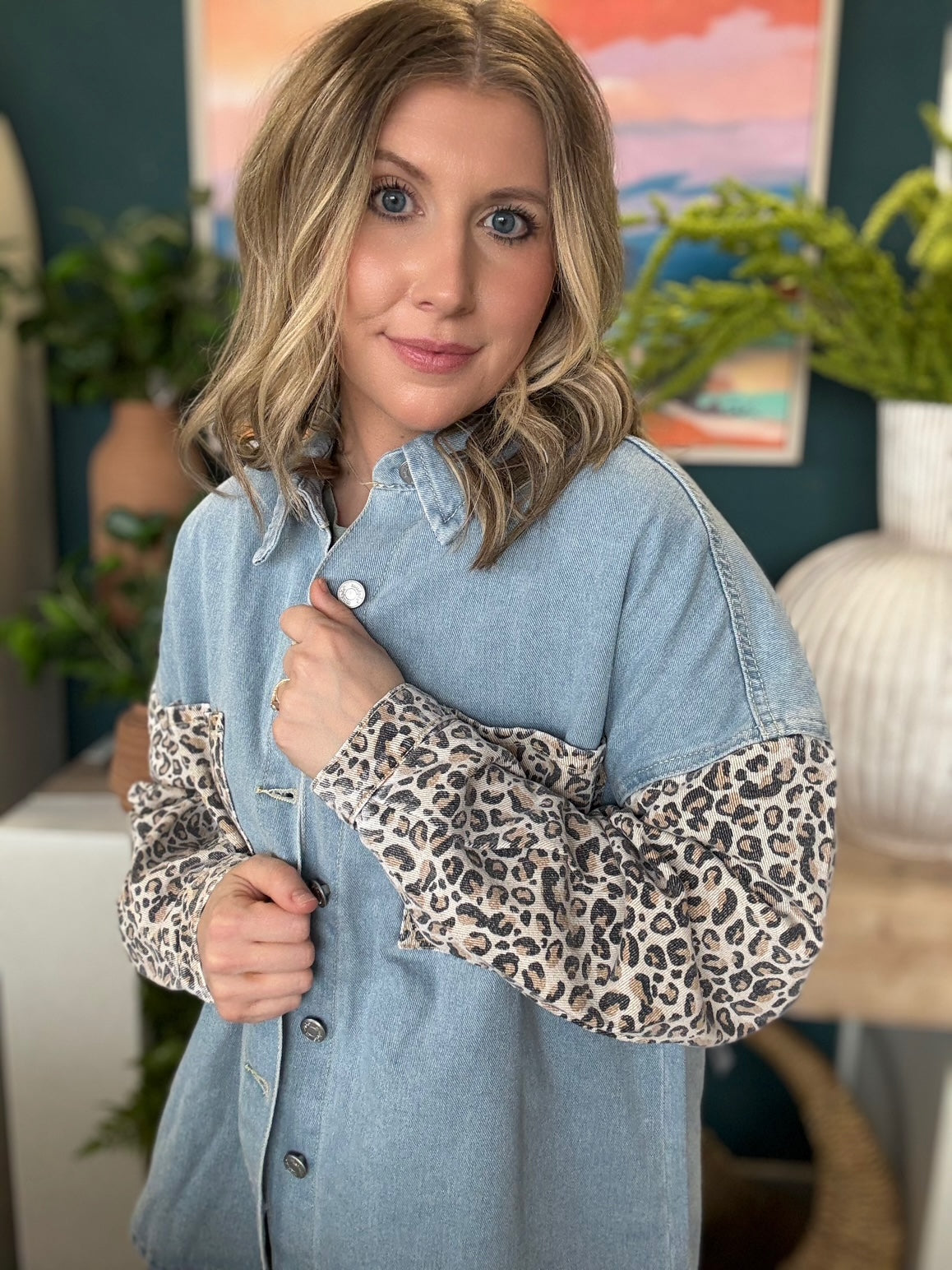 denim leopard pocket shacket women's boutique jacket at Pill Box Boutique