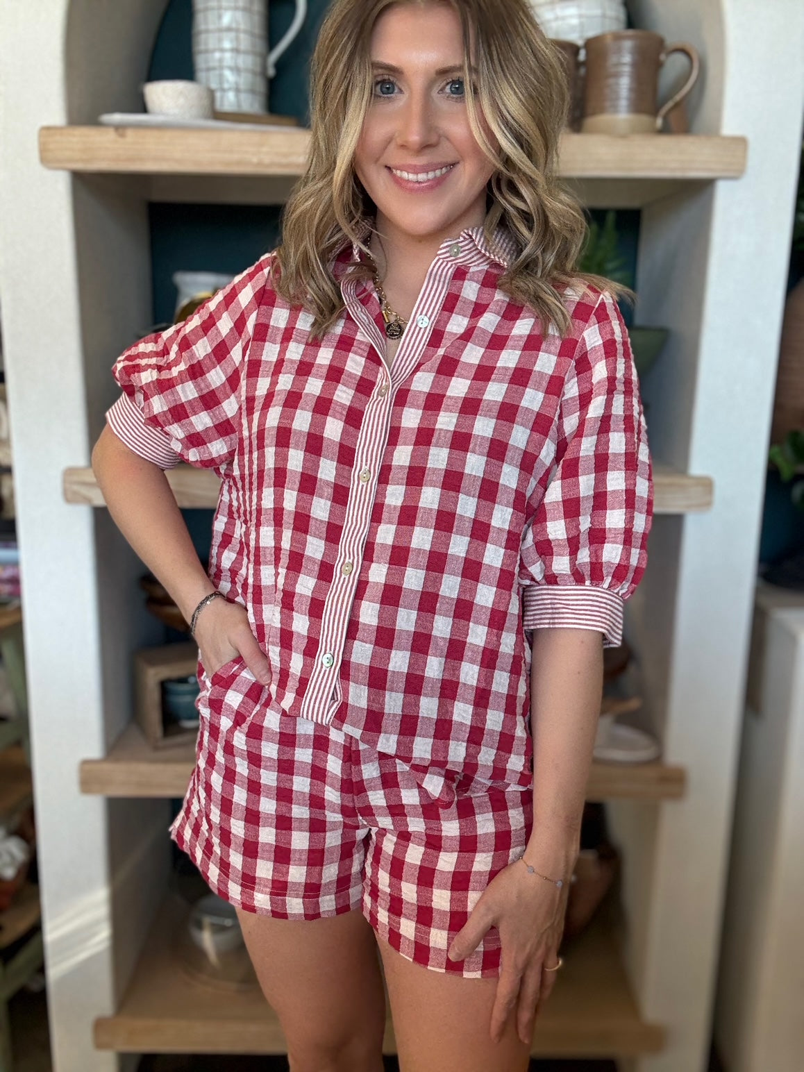 red gingham puff sleeve button down boutique top for women