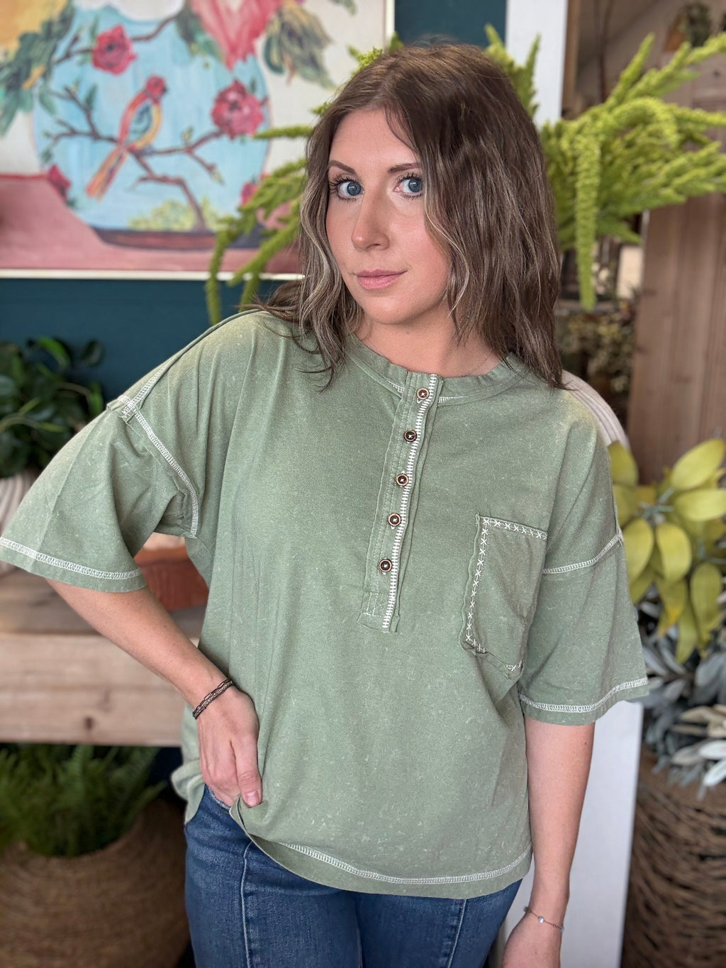 Mineral Washed Oversized Olive Top