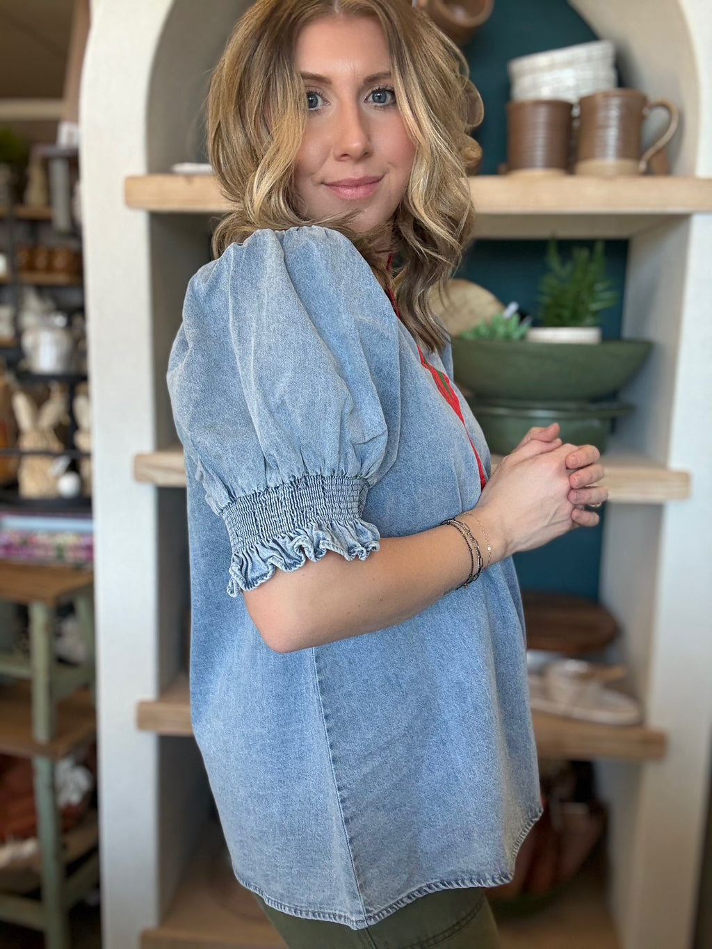 Vintage denim puff sleeve blouse with red and green stripe detail for women