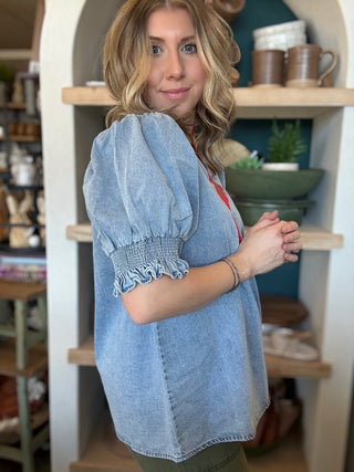 Vintage denim puff sleeve blouse with red and green stripe detail for women