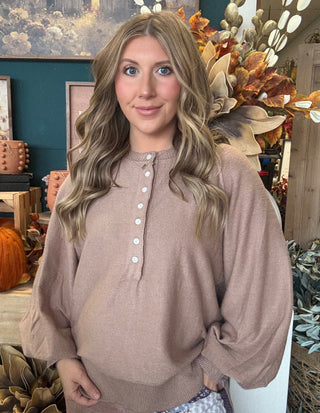 Taupe henley sweater top with button neckline and balloon sleeves