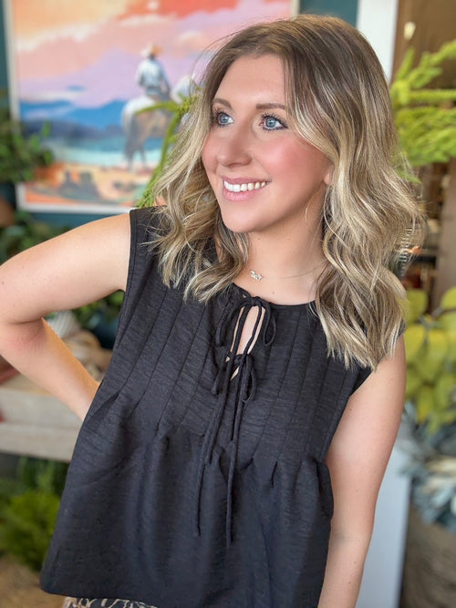 Black tie front sleeveless boutique top for women stylish casual clothing at Pill Box Boutique Willard Missouri

Tags: