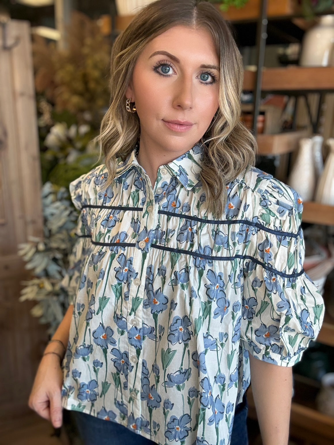 Blue floral puff sleeve boutique blouse for women