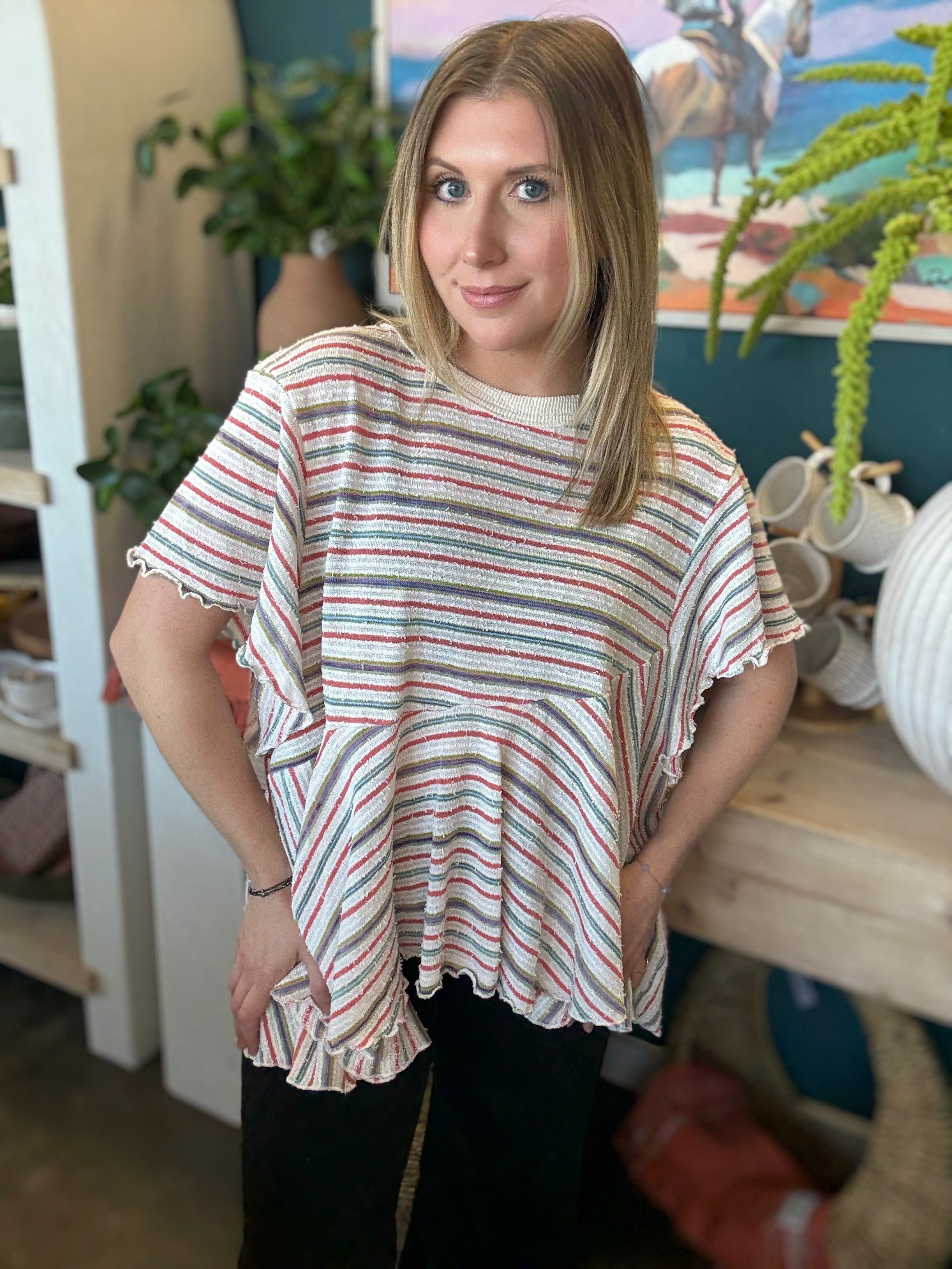 Ruffle Hem Stripe Babydoll Top