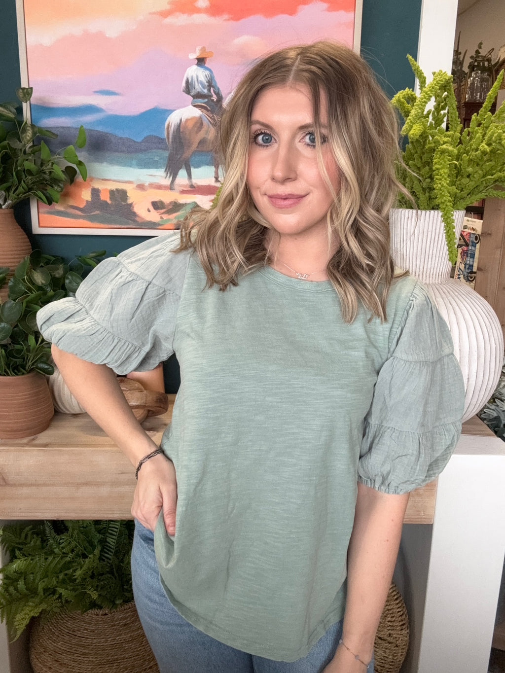 sage puff sleeve women's boutique top at Pill Box Boutique