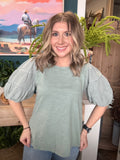 sage puff sleeve women's boutique top at Pill Box Boutique