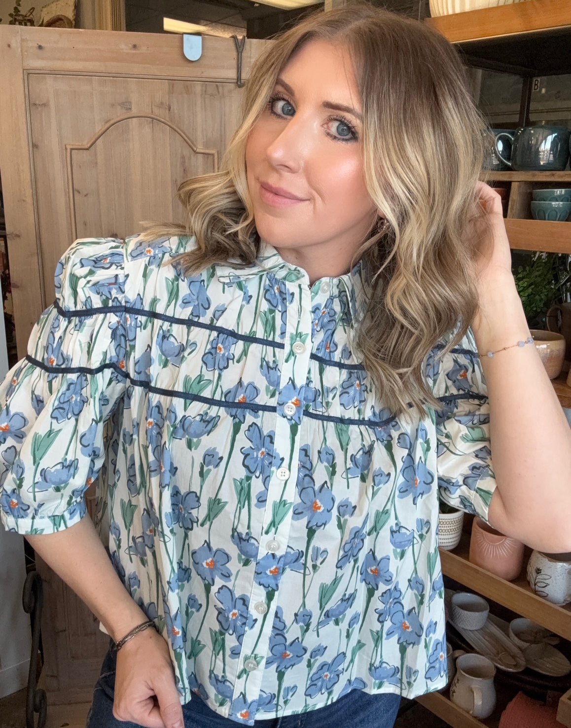 Blue Meadow Floral Puff Sleeve Blouse