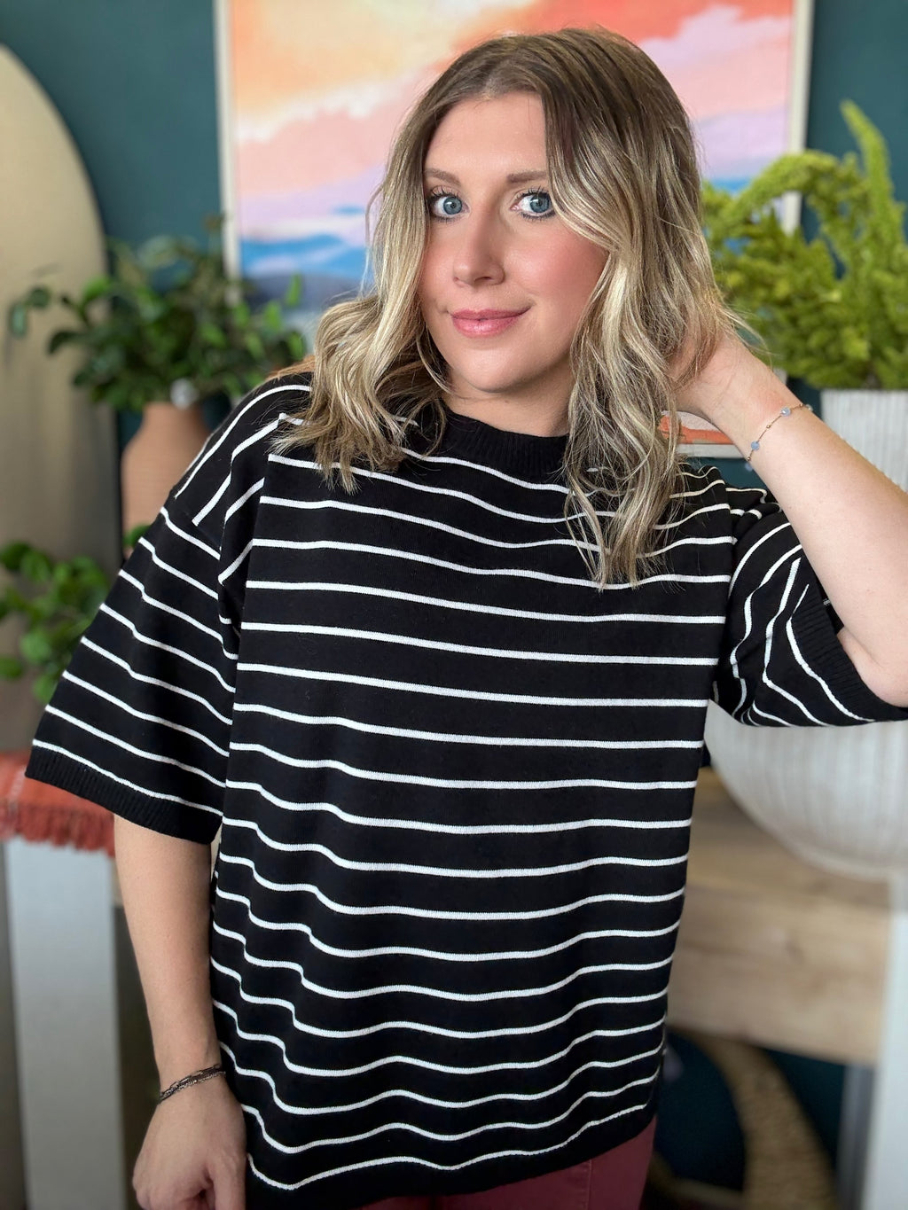 Striped Knit Top Short Sleeve