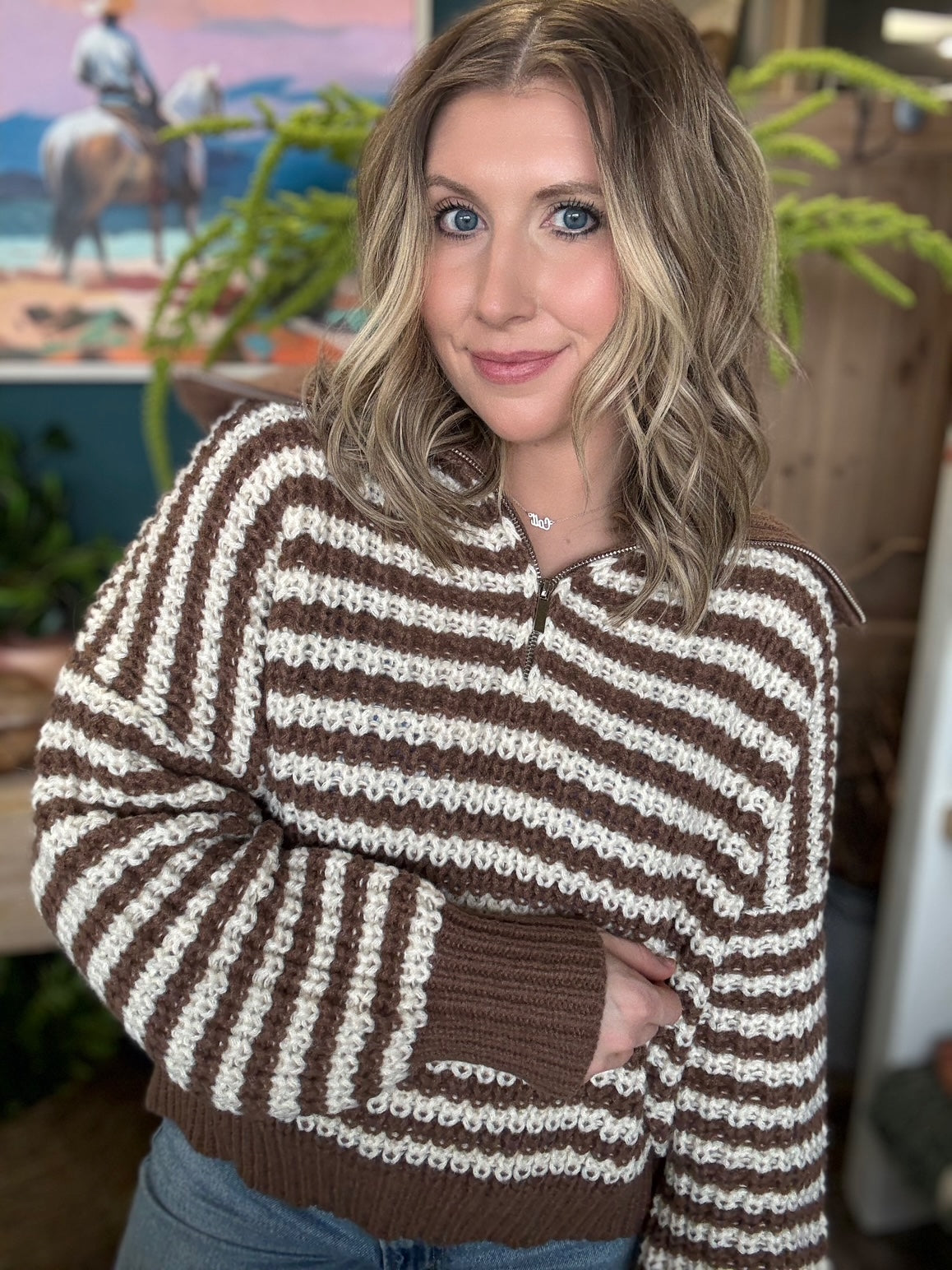 mocha and cream striped half zip knit boutique sweater for women